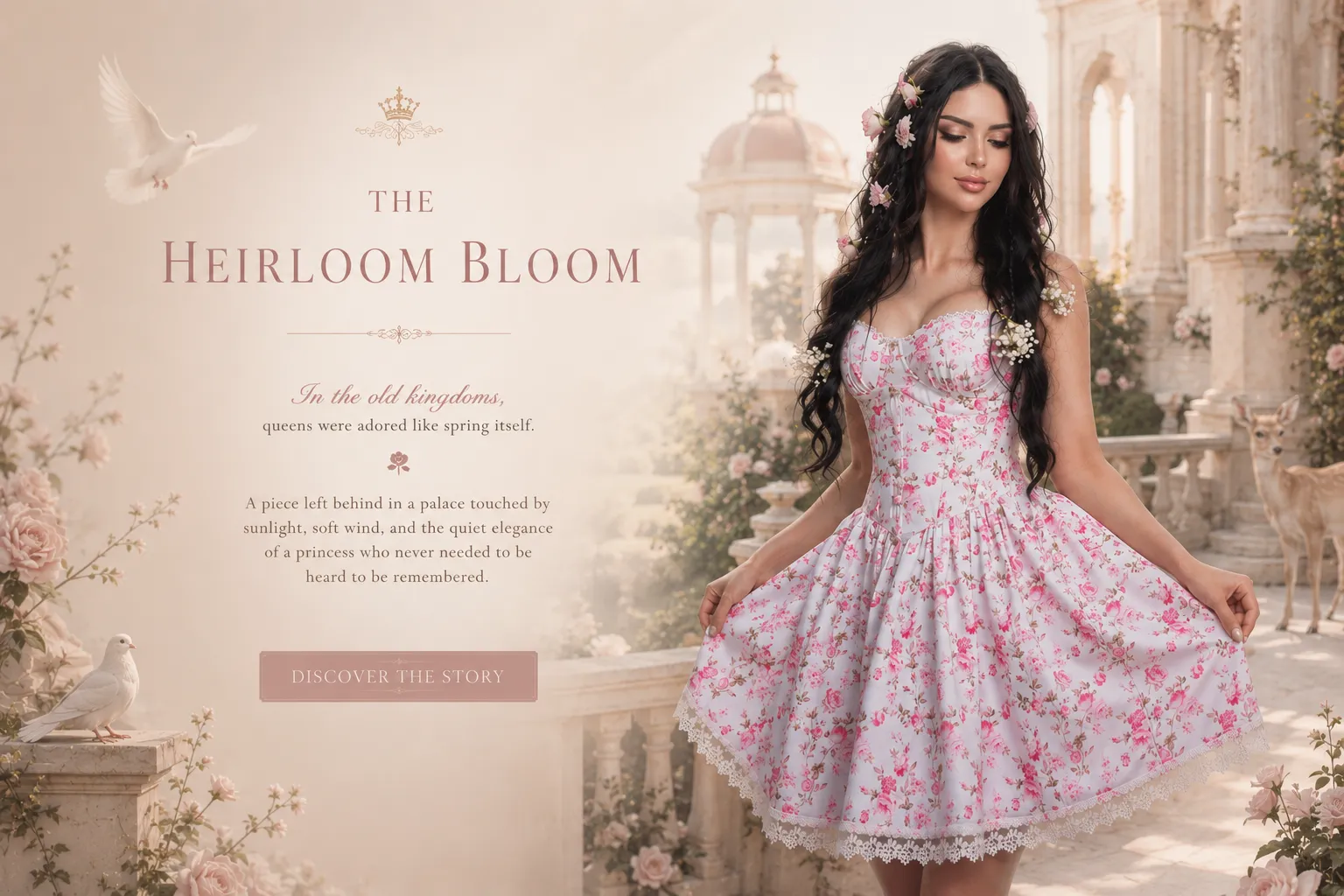 The Heirloom Bloom pink floral mini dress with lace trim and structured bodice