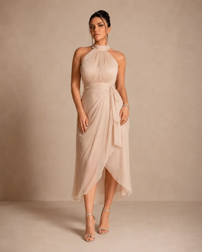 Champagne pleated halter dress for elegant brunch look by Farel