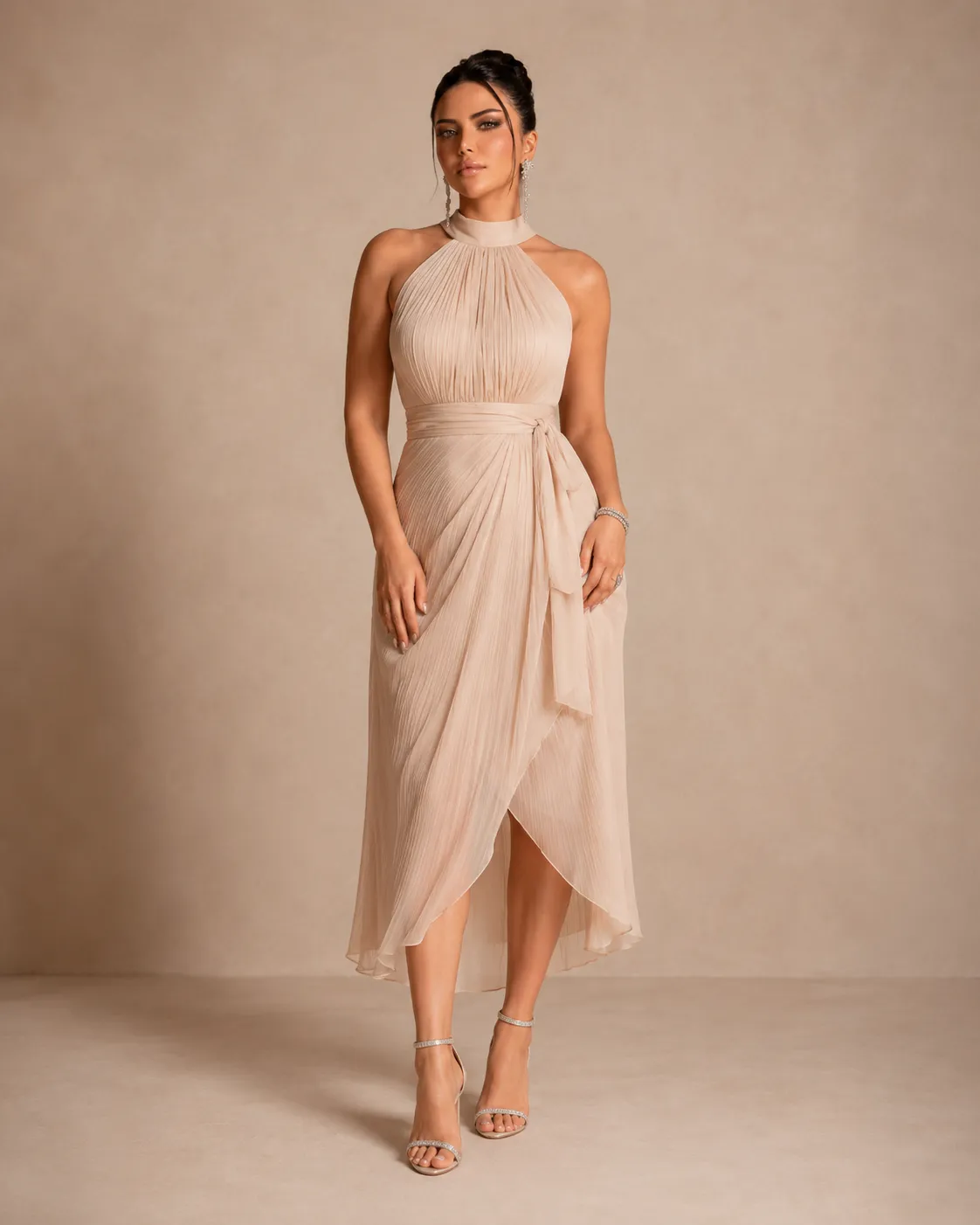 Champagne pleated halter dress for elegant brunch look by Farel