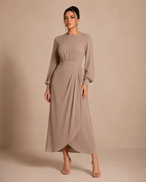 Taupe long sleeve draped daily wear dress by Farel