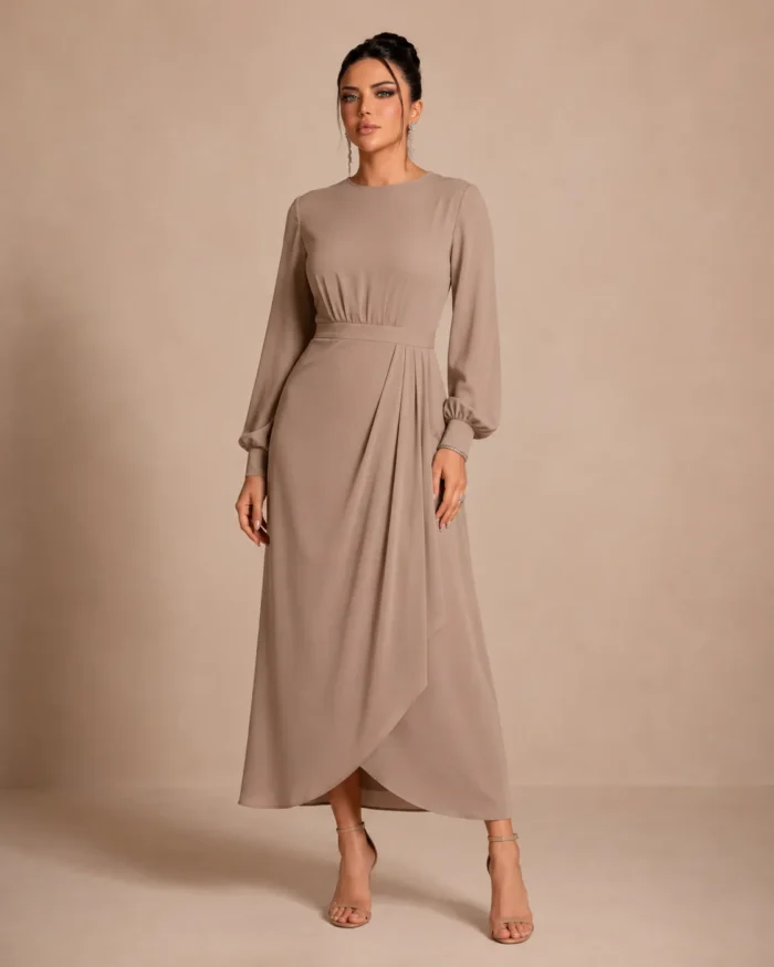 Taupe long sleeve draped daily wear dress by Farel