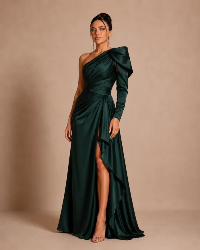 Emerald green one shoulder luxury evening gown by Farel