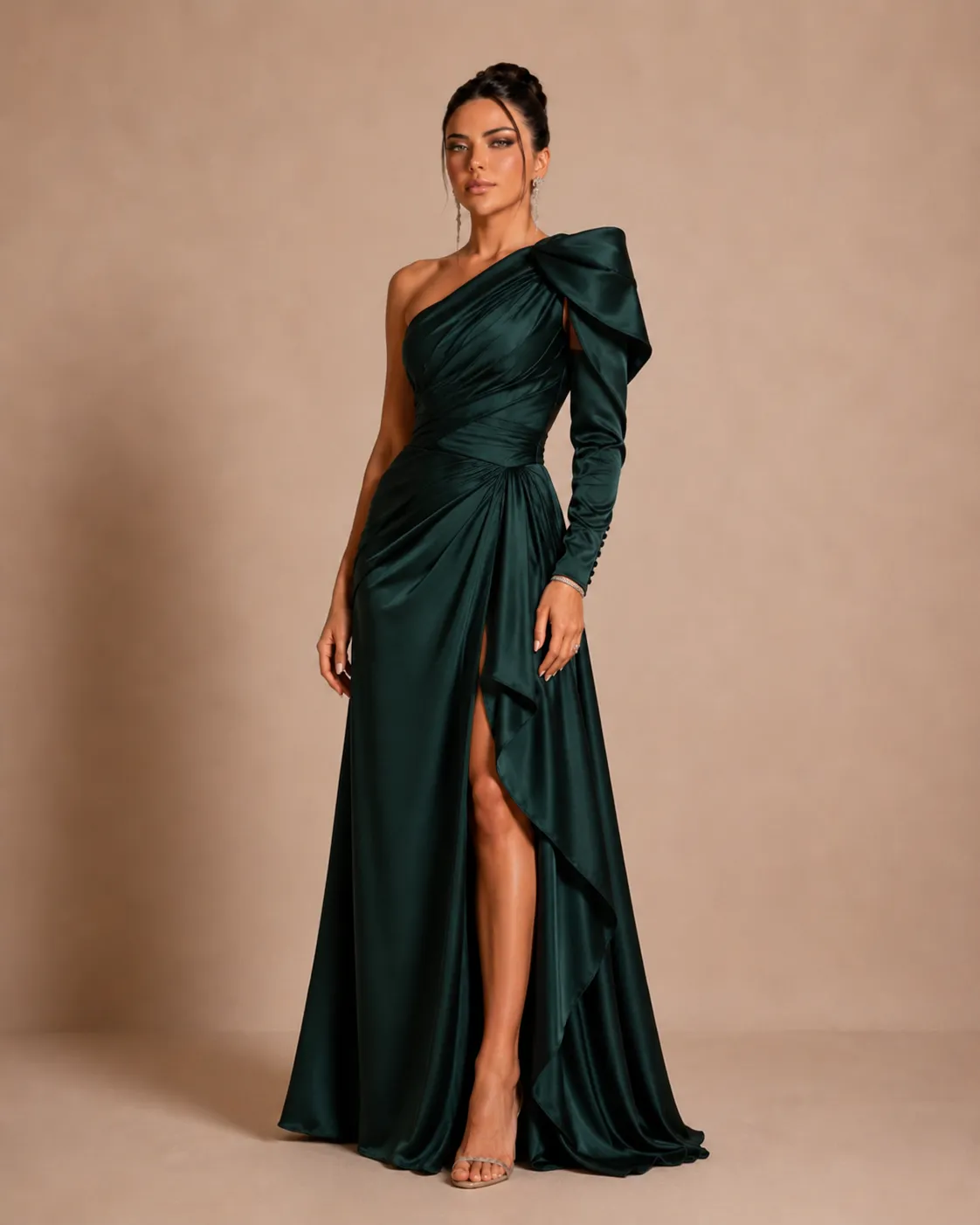 Emerald green one shoulder luxury evening gown by Farel