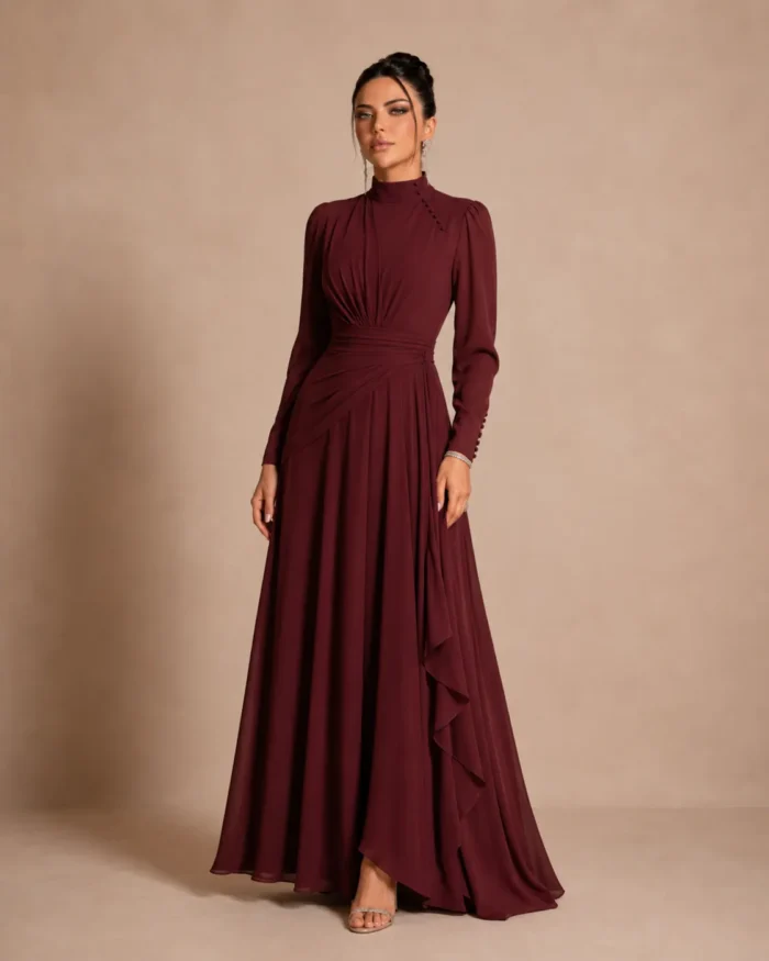Burgundy high neck long sleeve elegant dress by Farel