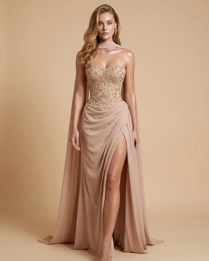 Noctéline nude luxury evening dress with embellished corset and flowing draped skirt