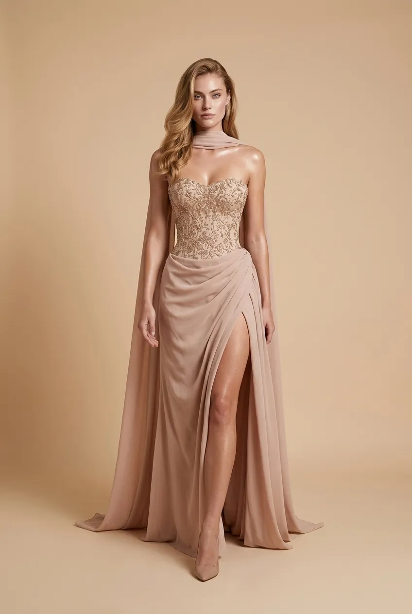 Noctéline nude luxury evening dress with embellished corset and flowing draped skirt