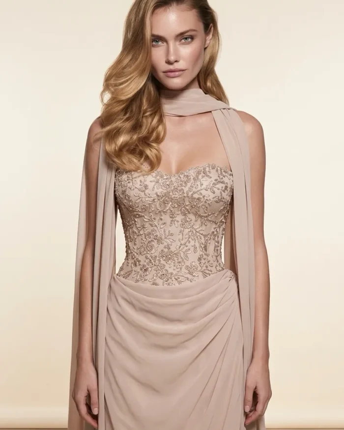 Noctéline nude luxury evening dress with embellished corset and flowing draped skirt