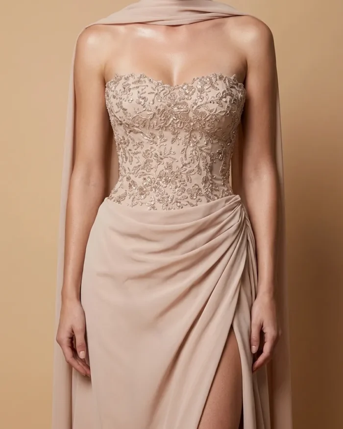 Noctéline nude luxury evening dress with embellished corset and flowing draped skirt