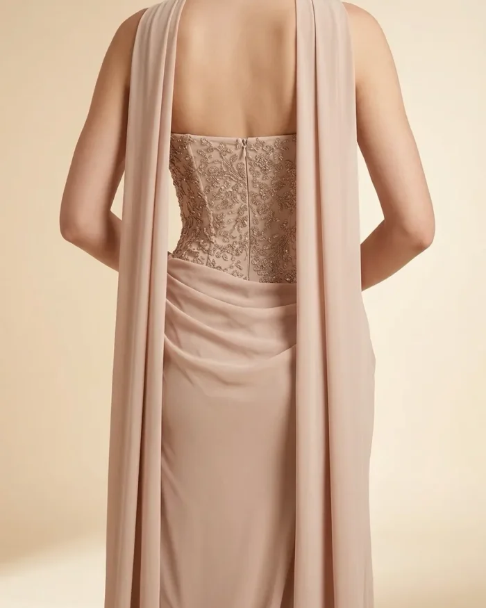 Noctéline nude luxury evening dress with embellished corset and flowing draped skirt