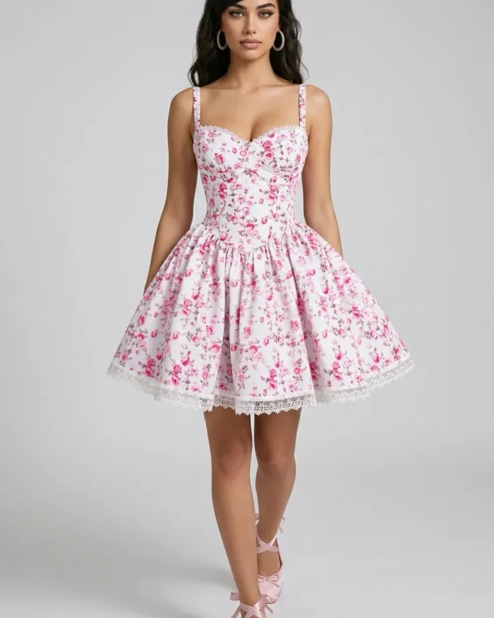 The Heirloom Bloom pink floral mini dress with lace trim and structured bodice