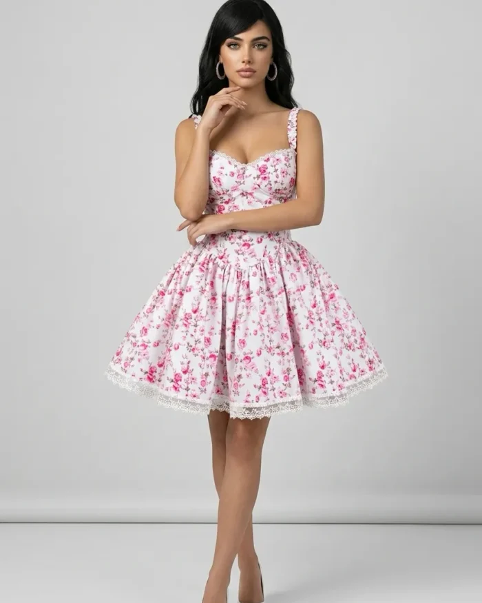 The Heirloom Bloom pink floral mini dress with lace trim and structured bodice