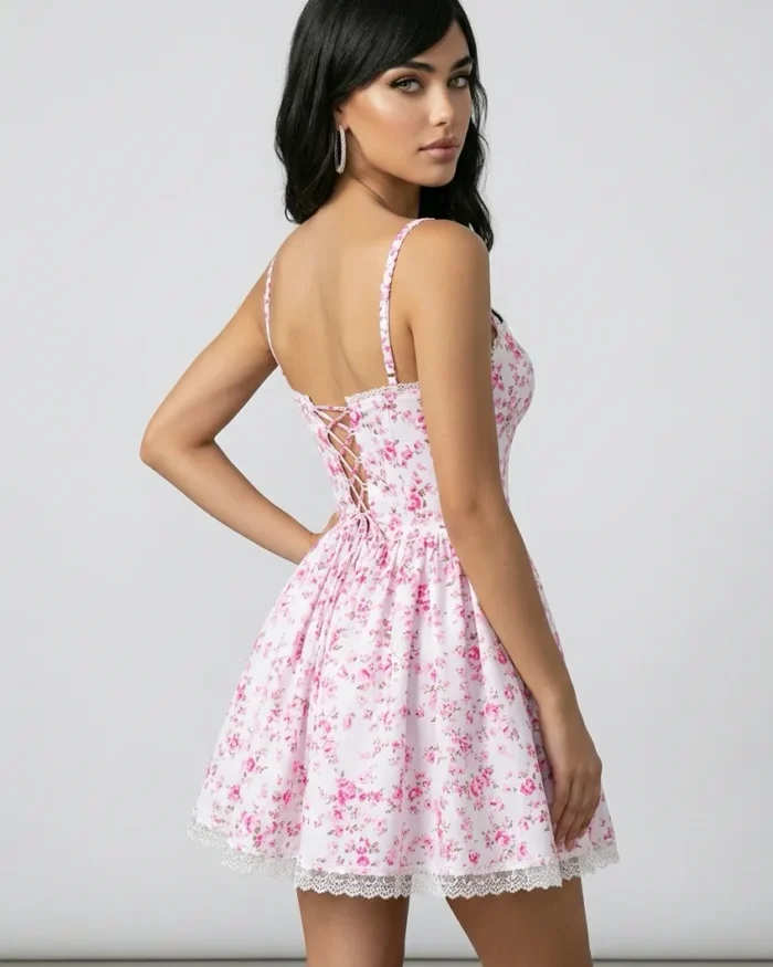 The Heirloom Bloom pink floral mini dress with lace trim and structured bodice