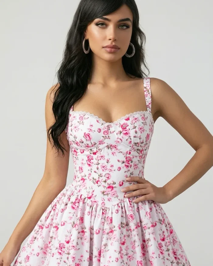 The Heirloom Bloom pink floral mini dress with lace trim and structured bodice