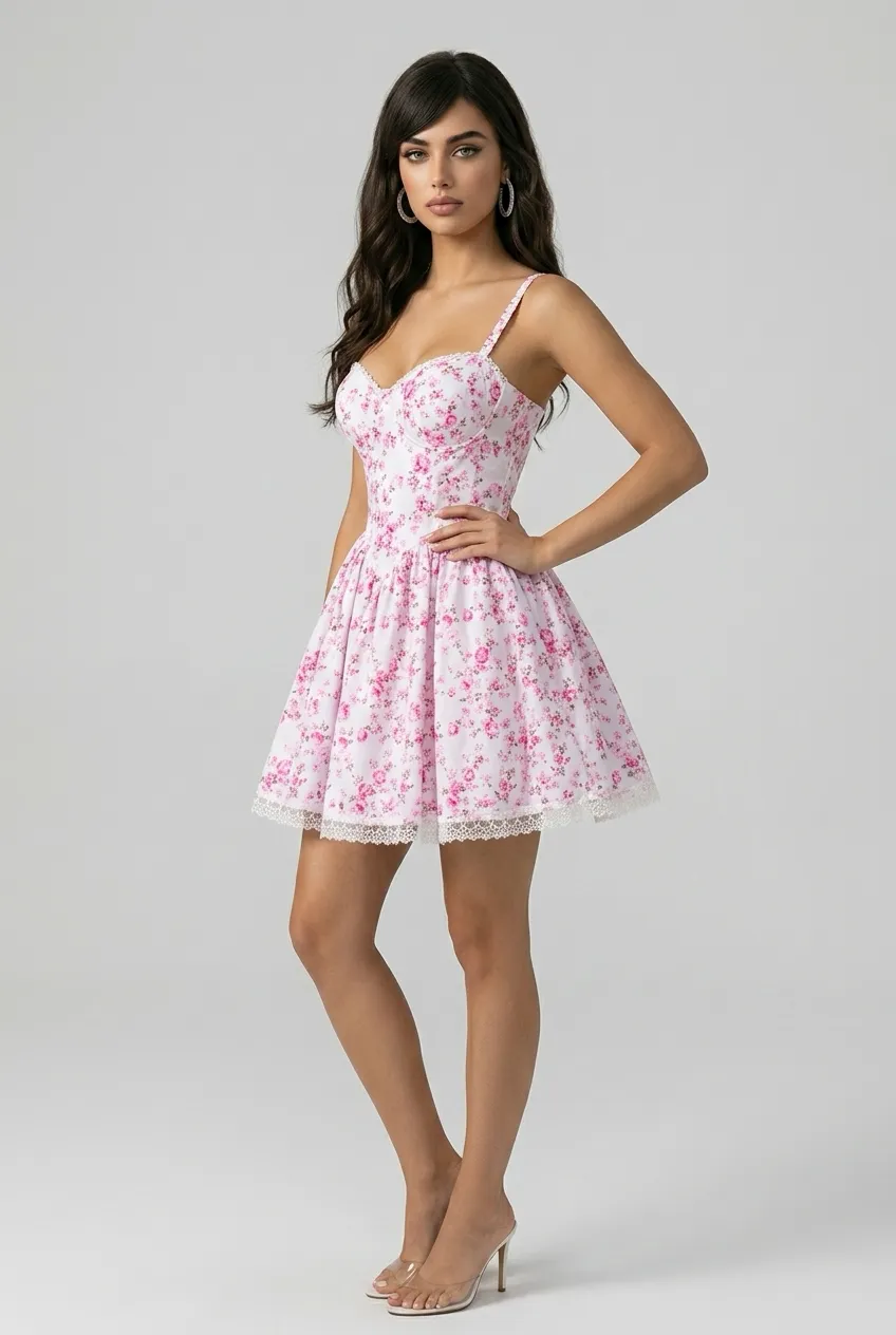 The Heirloom Bloom pink floral mini dress with lace trim and structured bodice