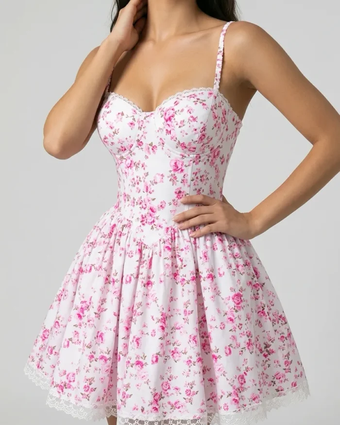 The Heirloom Bloom pink floral mini dress with lace trim and structured bodice